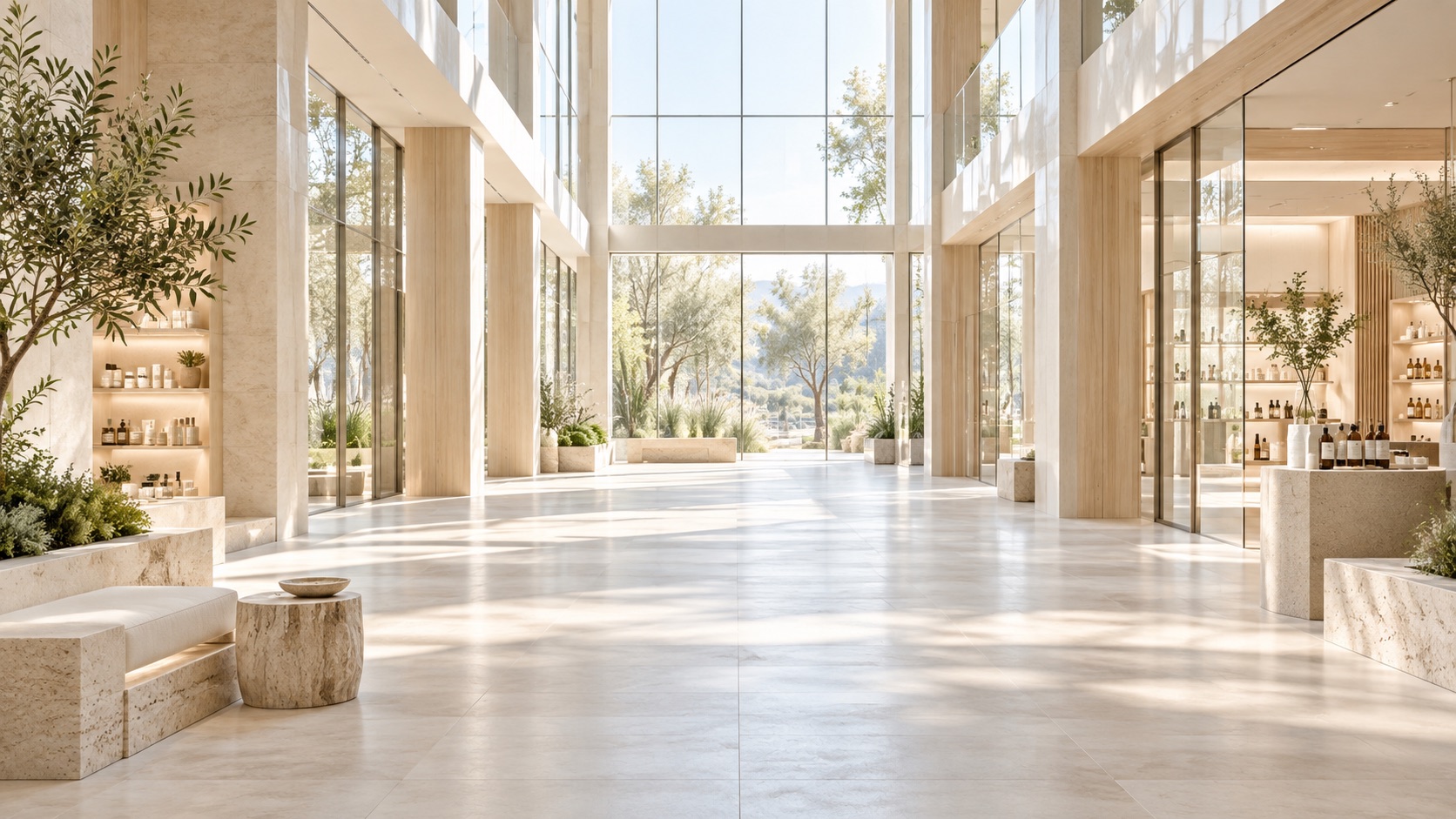 Conceptual rendering of an open glass wellness atrium