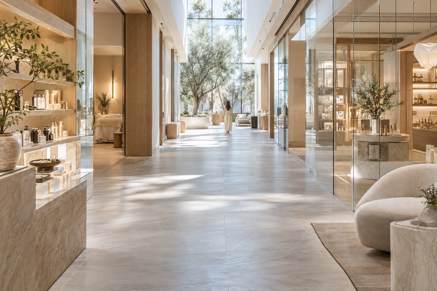 Conceptual illustration of a luminous wellness emporium interior