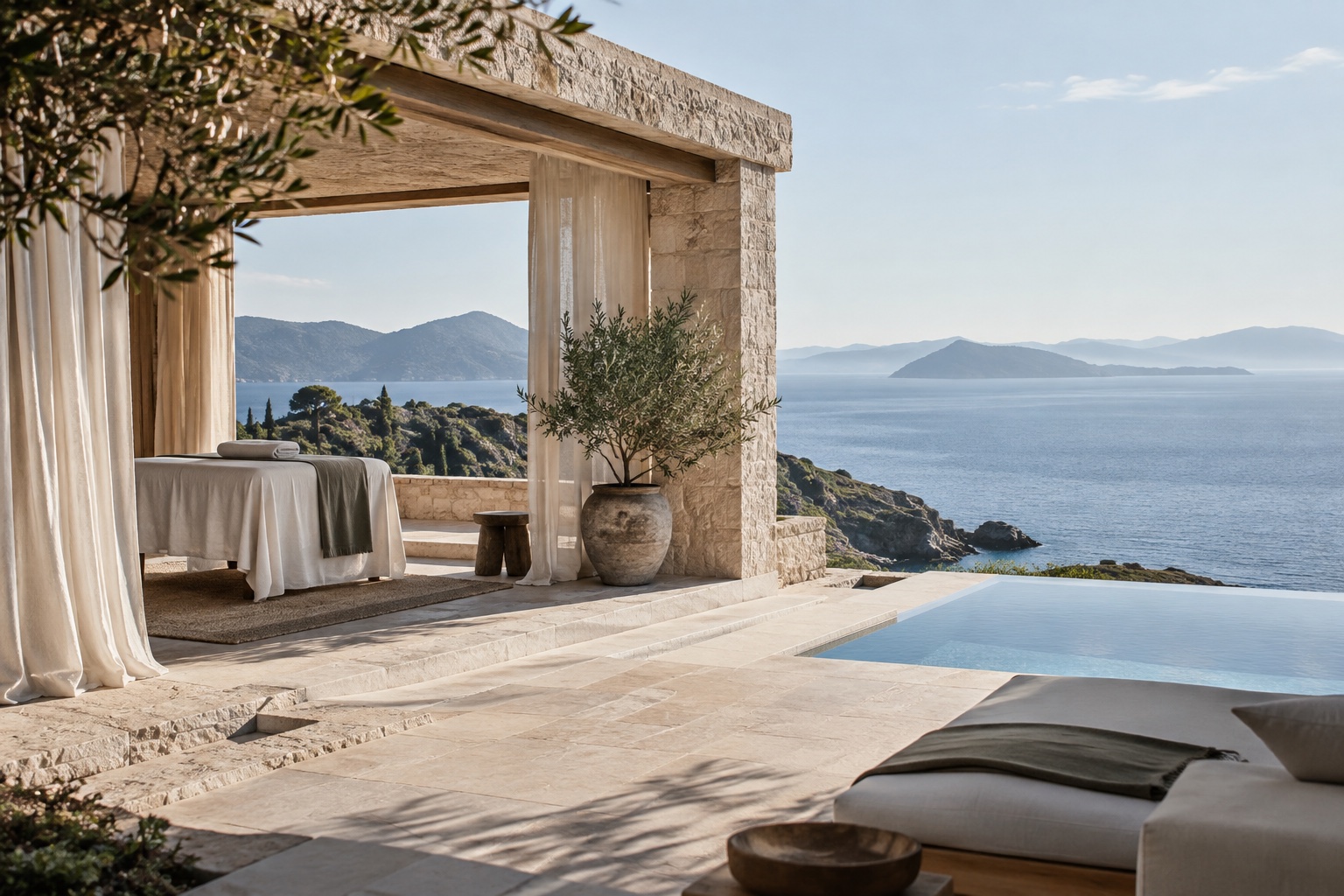 Conceptual coastal wellness retreat terrace overlooking the sea